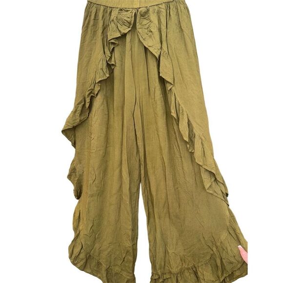 Henna store Green Wide-Leg Ruffle Split Skirt Pants Elastic Waistband O/S - Picture 6 of 16